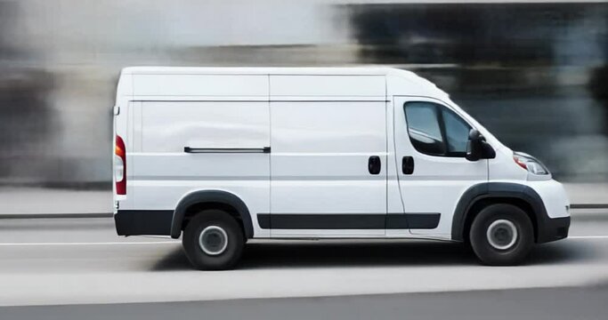 white cargo delivery van drive on city street. motion blur