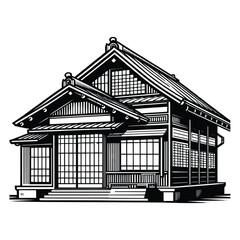 Traditional Japanese House silhouette on white background