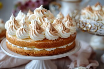 Layered sponge cake with meringue frosting