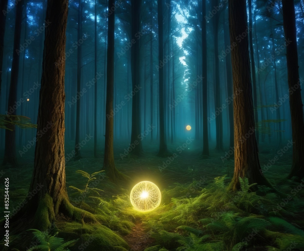 Poster a mysterious forest illuminated by ethereal glowing orbs that float among tall, shadowy trees. the d