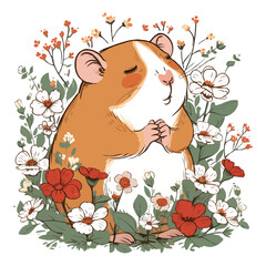 drawing hamster T-shirt design graphic vector illustration design, love surrounded by flowers