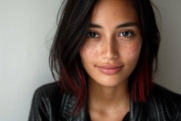 Fototapeta premium Thoughtful young woman with dark hair and freckles