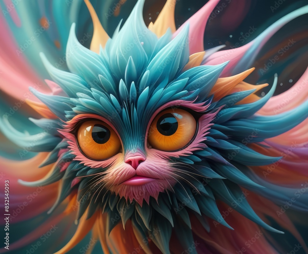 Poster a close-up of a whimsical cat with large orange eyes and multicolored fur, creating a playful and en