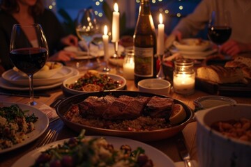 Elegant Keto Dinner Party with Friends: Festive Dining Table, Wine, and Candlelit Ambiance