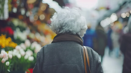 Obraz premium Senior woman walking in garden with lots of spring flowers blooming. Mature female pensioner at the garden centre