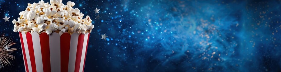 Popcorn and movie night background with stars