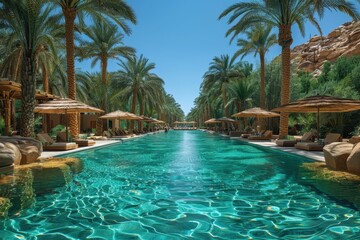 A beautiful desert oasis with palm trees, a clear blue pool, and camels resting in the shade. 