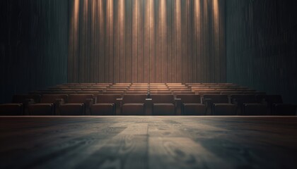 Empty theater with wooden stage and rows of seats, dim lighting and dramatic atmosphere, ready for...