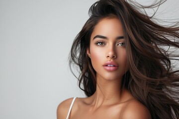 Naklejka premium Elegant Brazilian model with flowing hair, smooth skin, and poised expression