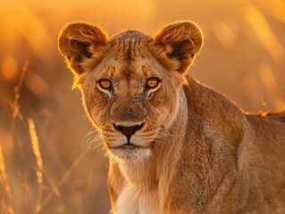 Obraz premium Close-up portrait of a majestic lion in the golden light of sunset