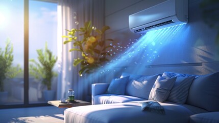 illustration of cool air flowing from air conditioner in living room, refreshing home cooling and ventilation