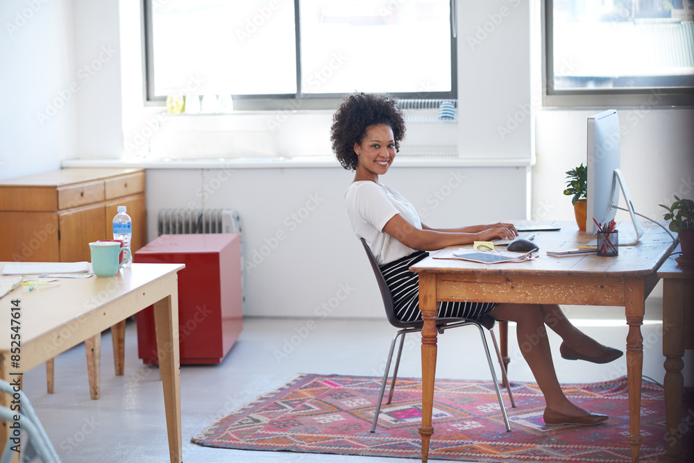 Poster african woman, portrait or smile in modern office on computer for project development or startup com