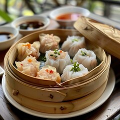 A bamboo steamer basket filled with assorted dim sum, including shrimp dumplings, pork buns, and vegetable rolls. Accompanied by soy sauce and chili oil.