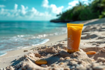 Sunscreen Bottle on a Sandy Beach