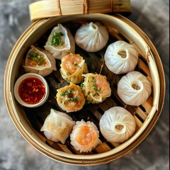 A bamboo steamer basket filled with assorted dim sum, including shrimp dumplings, pork buns, and vegetable rolls. Accompanied by soy sauce and chili oil.