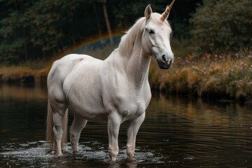 Obraz premium Majestic white unicorn standing in a forest stream