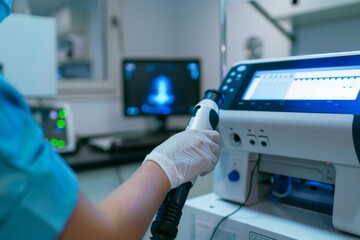 Professional Laser Technician Calibrating Device for Pigmentation Removal Session in Clinical Setting
