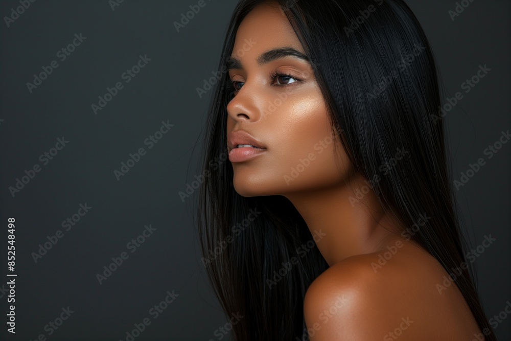 Poster Brazilian woman with dark flowing hair, embodying natural grace