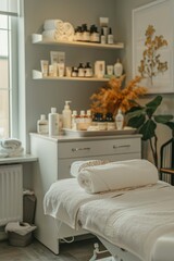 Elegant Spa Room Setup for Microdermabrasion with Soft Lighting and Skincare Products