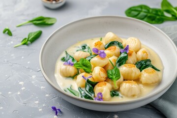 Gnocchi with spinach and edible flowers
