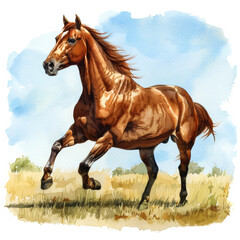 Majestic chestnut horse trotting gracefully in open field with clear blue sky, simple watercolor illustration isolated on a white background 