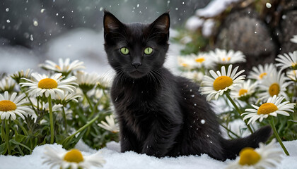 black kitten with daisies, black kitten with daisies