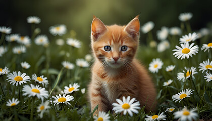 red kitten in daisies