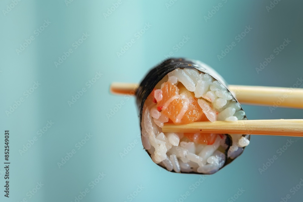 Wall mural close-up of sushi roll with chopsticks