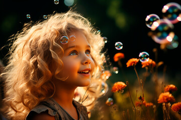 Funny cute little girl with curly hair blowing soap bubbles in summer