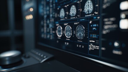 High-resolution MRI scans displayed on a modern computer screen in a medical facility, showcasing brain imaging technology.