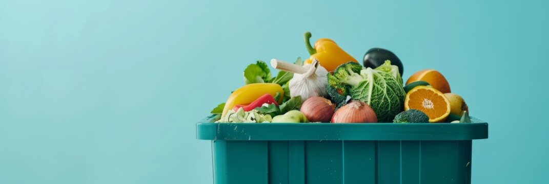Trash bin for composting with leftover from kitchen. copy space. Recycling scarps concept. Sustainable and zero waste lifestyle