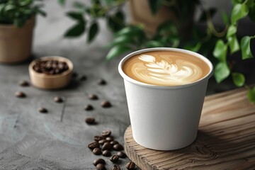 Coffee cup with latte art in a cozy setting