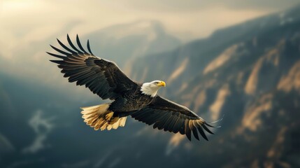 Naklejka premium Majestic bald eagle soaring over a mountainous landscape during sunset, showcasing the beauty of nature and the freedom of wildlife.