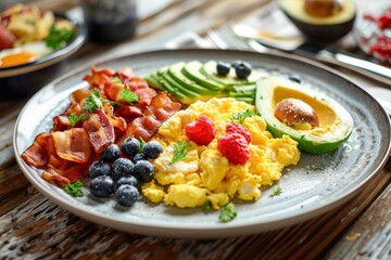 Delicious Keto-Friendly Breakfast with Scrambled Eggs, Bacon, Avocado, and Mixed Berries in Rustic Kitchen Setting