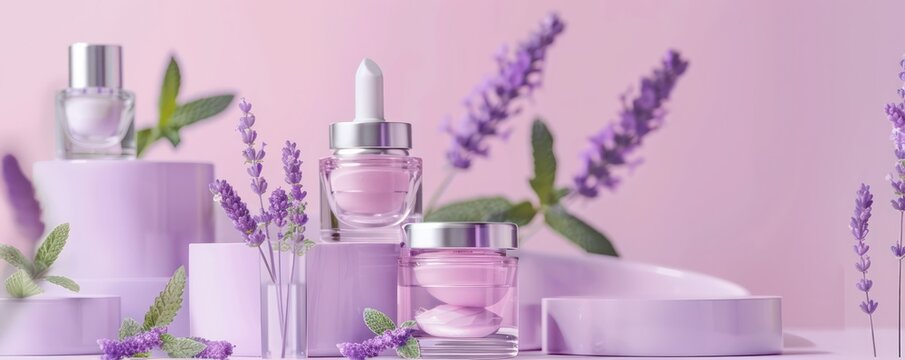 Serene Pastel Cosmetic Collection with Peppermint Leaves and Lavender Flowers for Refreshing Brand Image
