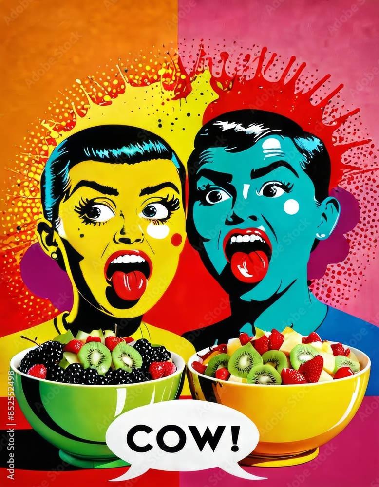 Poster a vibrant pop art illustration featuring two animated figures with expressive faces and colorful fru