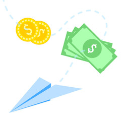 Financial transaction paper plane delivering money, flying dollar bills and gold coin with dollar sign, symbolizing digital payments, e-commerce, and online money transfer. Modern flat