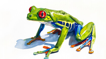 Fototapeta premium A vibrant red-eyed tree frog with striking green and blue limbs, simple watercolor illustration isolated on a white background 