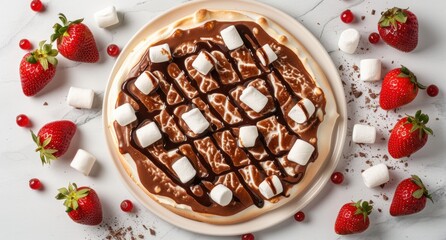 Delicious chocolate-covered marshmallow pancake with fresh strawberries