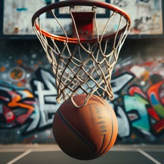 Fototapeta premium basketball ball in a net close up on the street.