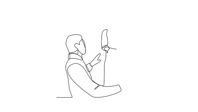 Animated self drawing of a waiter is serving customers who order food and drinks for dinner in restaurant video design illustration. Restaurant activity in simple linear style video design concept.