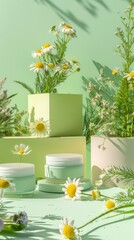 Organic Pastel Cosmetic Packshot with Chamomile Flowers and Lemon Balm for Natural Beauty Concept