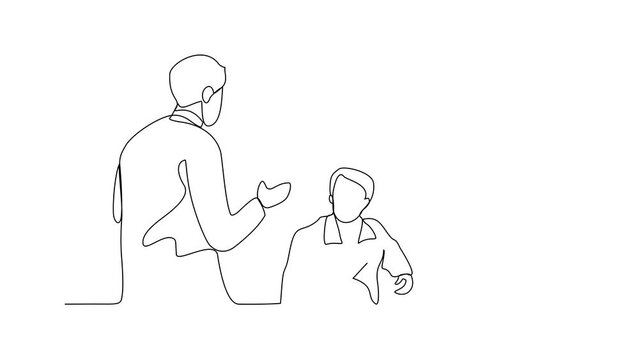 Animated self drawing of a waiter is serving customers who order food and drinks for dinner in restaurant video design illustration. Restaurant activity in simple linear style video design concept.