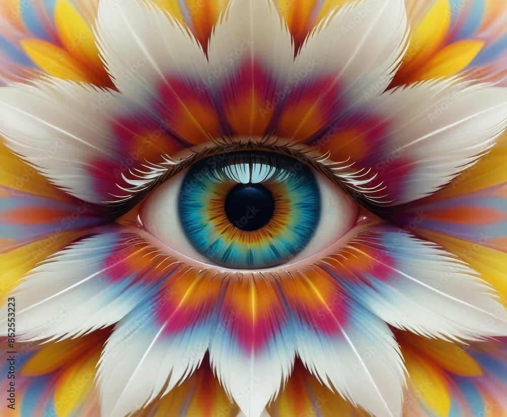 Poster a striking blue eye is surrounded by vibrant, multicolored feathers, creating a surreal and captivat