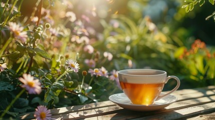 A cup of tea on a table in a garden. The sun is shining through the trees and the flowers are in bloom. The perfect setting to relax.