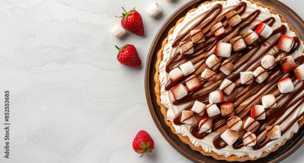 Wall mural delicious chocolate and marshmallow tart with fresh strawberries - Wall murals