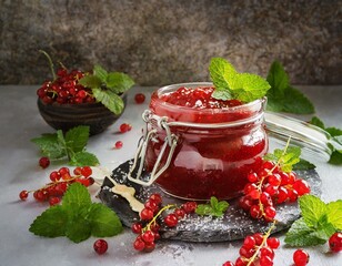 Marmelade mit frischen roten Johannisbeeren und Minze