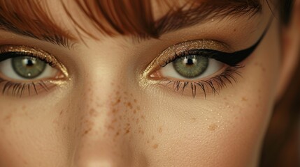 Beauty Model Close-up: A close-up of a models eyes with a classic cat-eye eyeliner look. Sleek and perfect eyeliner with a neutral eyeshadow for contrast. Fashion, beauty, cosmetics.