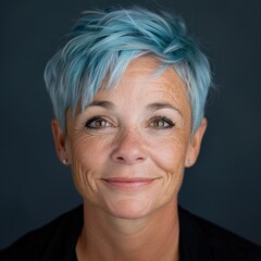 Fototapeta premium Smiling mature woman with dyed blue hair