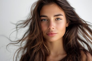 Naklejka premium Calm and poised, a Brazilian woman with beautifully balanced hair